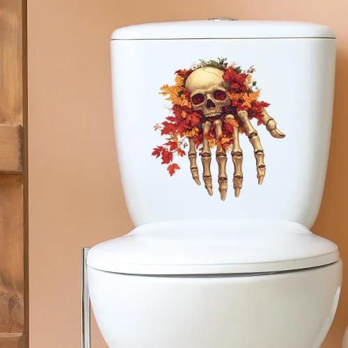 Vista 3 de Calavera de Halloween con calcomanías de arce autoadhesivas para inodoro, baño, pared, decoración del hogar, extraíble, sin residuos, 2