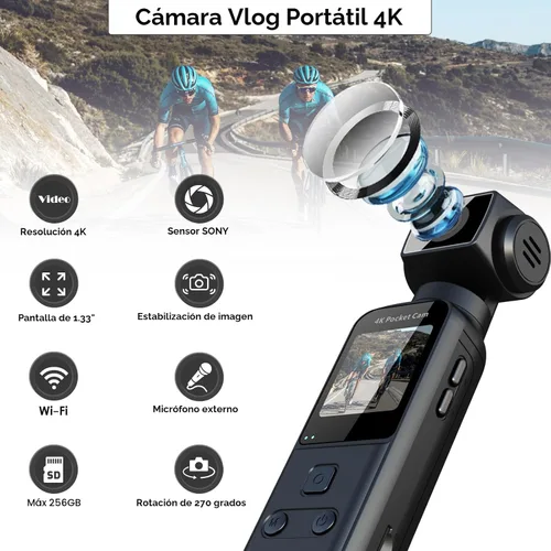 Vista 2 de Cámara Corporal 4K con Micrófono Externo, Mini Cámara de Vídeo y Audio de Bolsillo con Rotación de 270° para Deporte al Aire Libre, Bicicleta