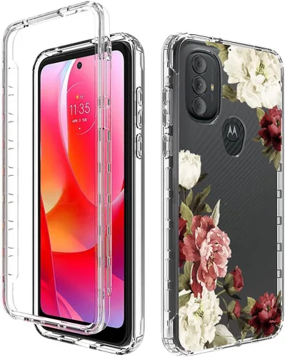 Vista 6 de Funda para Moto G Power 2022, Moto XT2165DL con protector de pantalla de vidrio templado, bonito patrón floral transparente de cuerpo completo