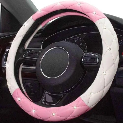 Vista 5 de funda de piel para volante, con diamantes de imitación, suave, bonita y antideslizante, para mujeres y niñas, para volantes de 15 pulgadas Negro