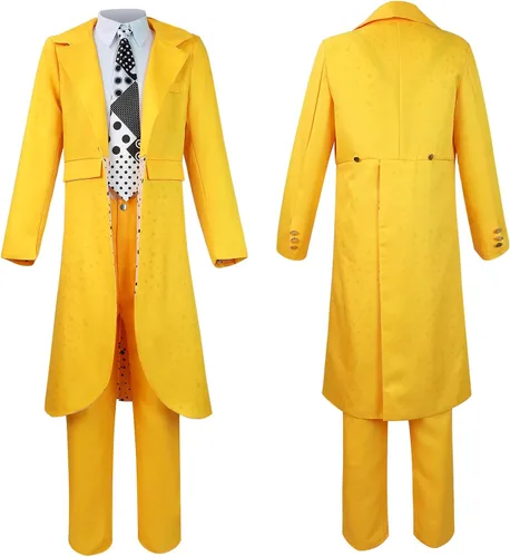 Vista 2 de Fedtoku Disfraz de Jim Carrey para hombre, disfraz de máscara para hombre, chaqueta de cosplay amarilla, pantalones para Halloween