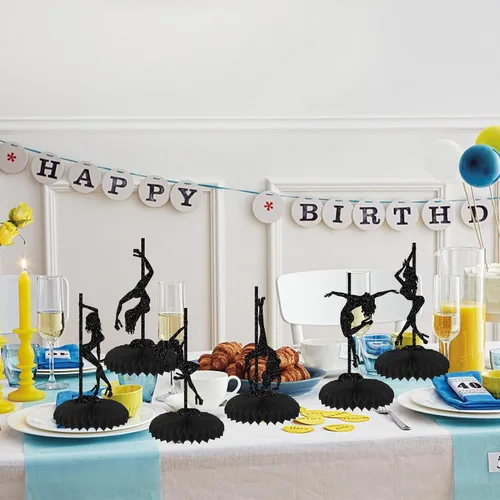 Vista 6 de ZHUOWEISM 6 piezas de centro de mesa de panal de abeja con glitter negro para despedidas de soltera, despedidas de casada, fiesta de cumpleaños