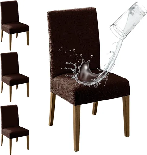 Vista 28 de MOSAYT Juego de 2 fundas para sillas de comedor 100% impermeables, súper ajuste elástico jacquard Parson, fundas extraíbles y lavables para sillas