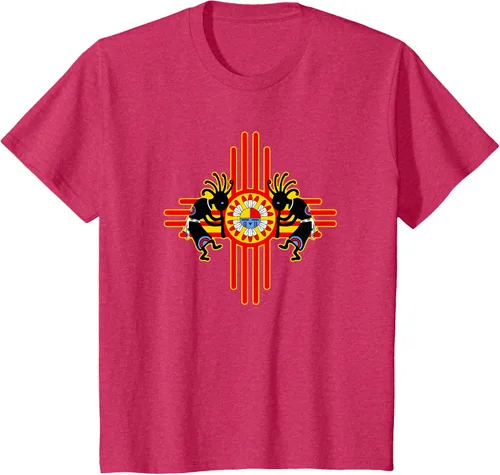 Vista 45 de Native American Kokopelli Kachina Zia Symbol 2 - Camiseta divertida para fanáticos, Negro