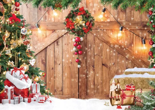 Vista 9 de Fondo de fotografía para puerta de madera de granero de Navidad de 7 x 5 pies, árbol de Navidad, regalo de nieve, fondo de fotos para fiestas de Año