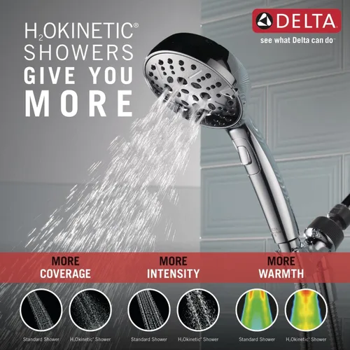 Vista 5 de Delta Faucet H2Okinetic - Cabezal de ducha de mano de 6 ajustes, ducha cromada con manguera, ducha de mano 1.75 GPM, cromo 75536