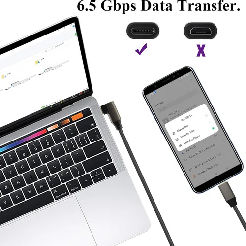 Vista 4 de Cable USB C a USB C 3.1 Gen 2 en ángulo recto de 10 Gbps USB 3.1 tipo C macho a macho, cable de extensión de carga rápida compatible con Google