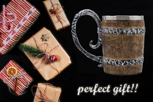 Vista 3 de Jarra de barril de madera Stein Tankard, Taza de acero inoxidable con asa, decoración nórdica vikinga mitológica poética gótica para fiestas