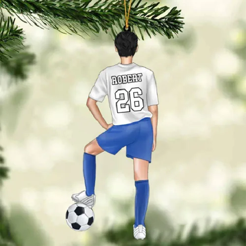Vista 3 de Adorno de Navidad personalizado para jugador de fútbol; regalo personalizado para colgar en el árbol de Navidad 2D; gran idea de regalo