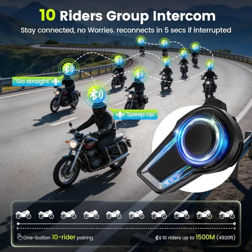 Vista 2 de X10 - Auriculares Bluetooth para casco de motocicleta V5.4, sistema de comunicación de intercomunicación de grupo de 10 jinetes, cancelación