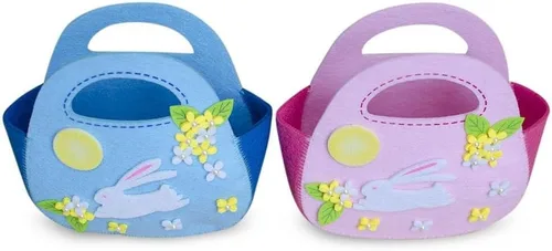 Vista 4 de Juego de 2 cestas de Pascua con conejitos blancos de fieltro rosa y azul, 7.5 pulgadas