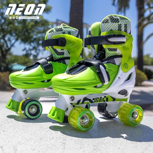 Vista 7 de Yvolution Patines combinados de neón, patines 2-1 cuádruple y en línea para niños con ruedas LED, tamaño ajustable (verde, 3 a 6)
