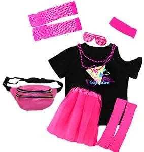 Vista 7 de Yulefly Juego de 9 accesorios de disfraz de los años 80 para niños, camiseta de fiesta, tutú elegante, para cosplay, fiesta de los años 80 para niñas