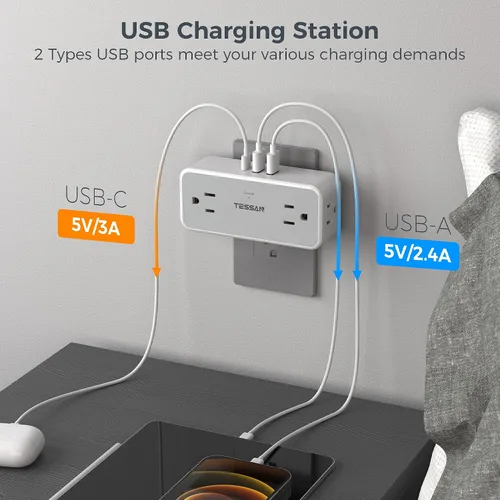 Vista 3 de TESSAN 4 - Divisor de salida de enchufe múltiple, extensor de salida de pared con 3 cargadores de pared USB (1 USB C), protector de sobretensiones