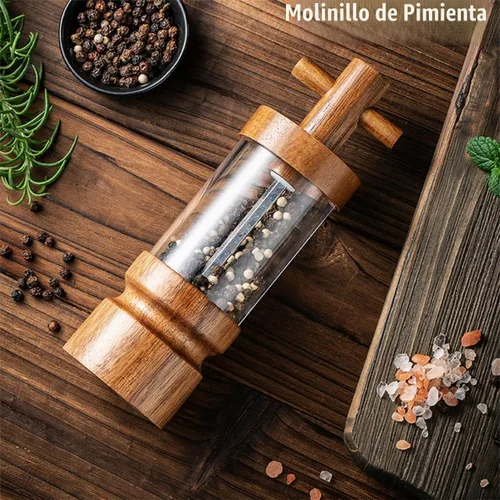 Vista 2 de Molinillo manual de madera de acacia, 7 pulgadas, grosor ajustable, herramienta de molienda de especias de cocina