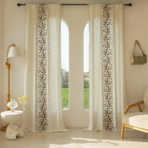 Vista 22 de BHUSB Cortinas rústicas para sala de estar de 63 pulgadas de largo, cortinas de ventana de lino y algodón con estampado floral bohemio, cortinas