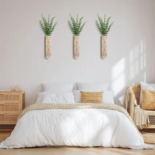Vista 6 de Paquete de 3 macetas de pared de madera, arte de pared bohemio para entrada y decoración de baño, decoración moderna de granja, jarrón de decoración