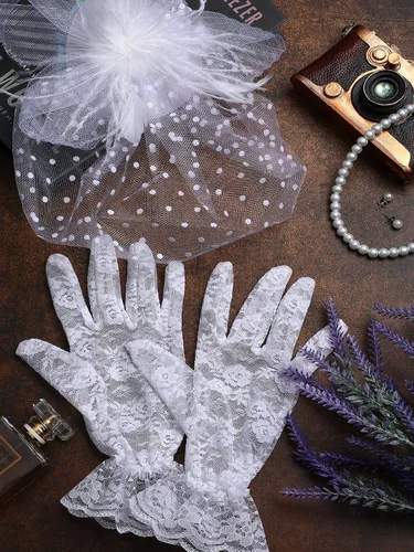 Vista 5 de Honoson 4 tocados para mujer, diadema para fiesta de té con guantes cortos de encaje