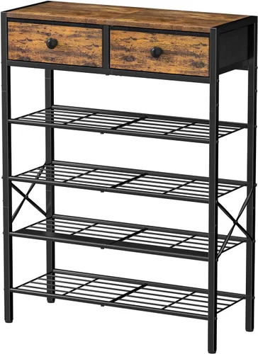 Vista 12 de Zapatero para entrada, organizador de zapatos de 4 niveles con 2 cajones no tejidos, estante de almacenamiento de metal para 12-16 pares de zapatos