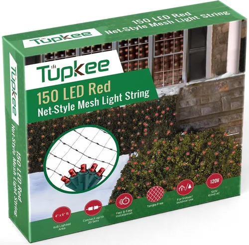 Vista 10 de Red de luces de Navidad – 150 luces LED de malla roja y blanca – 4 pies x 6 pies – Exterior/Interior – Luces de red para arbustos, setos o árboles