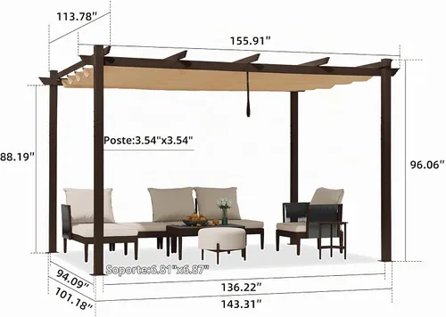Vista 5 de PURPLE LEAF Pérgola Retráctil para Exteriores de 10' x 13' de Aluminio con Toldo de Sombra Solar DIY Patio Moderno Resistente Refugio Marrón