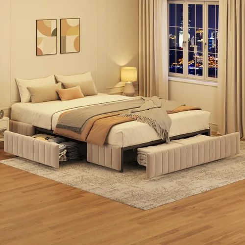 Vista 2 de Topeakmart Base de cama tapizada de tamaño matrimonial con 3 cajones, plataforma de almacenamiento con soporte de listones de madera, base