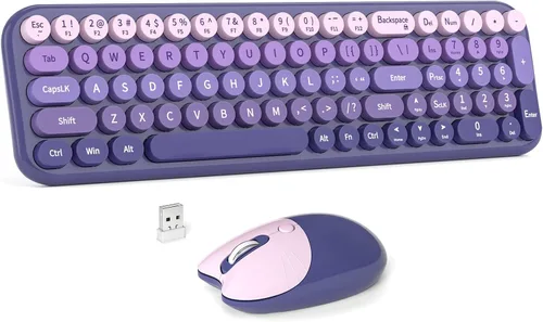 Vista 11 de MOWUX Combo de teclado y mouse inalámbricos, máquina de escribir de tamaño completo, teclado de computadora redondo retro, lindo mouse óptico, 2.4G
