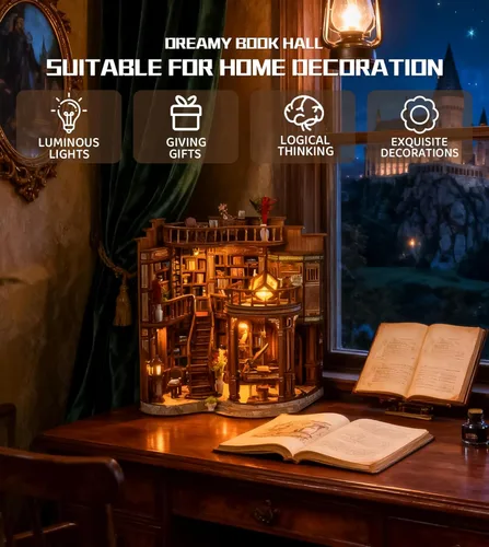 Vista 2 de Roroom Kit de casa en miniatura para bricolaje, rincón de libros de ensueño con luz LED, rompecabezas de madera 3D, kit de casa de muñecas