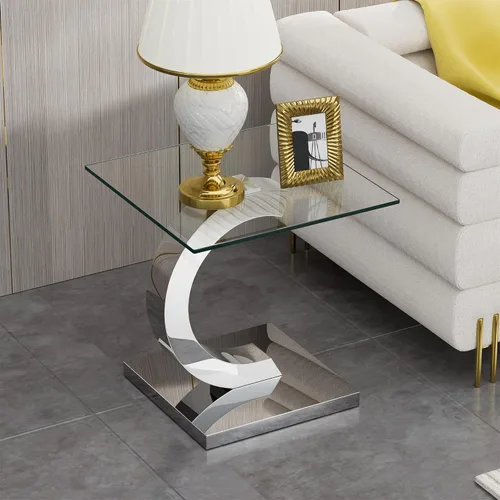 Vista 44 de Mesa auxiliar de cristal dorado de lujo, moderna mesa de centro cuadrada para sofá con base de acero inoxidable con espejo brillante, mesa de noche