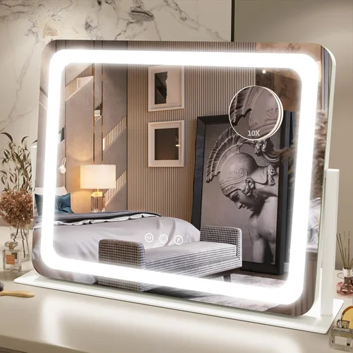 Vista 27 de FENNIO - Espejo de tocador con luces, espejo de maquillaje iluminado LED, pantalla táctil con 3 modos de iluminación, regulable, para mesa
