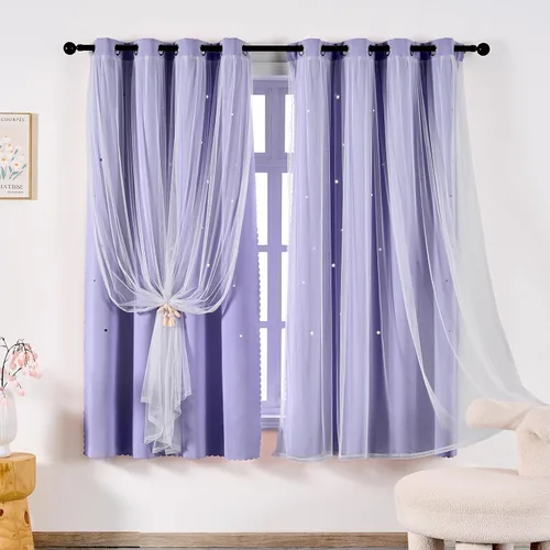 Vista 15 de indistar Cortinas opacas con recortes de estrellas para dormitorio de niña, cortinas de oscurecimiento para habitación de bebé, cortinas