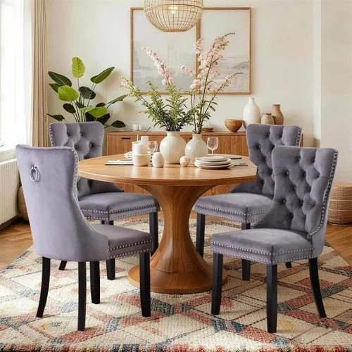 Vista 86 de SoarFlash Juego de 2 sillas de comedor de terciopelo, silla lateral de respaldo alto, silla lateral moderna tapizada de alta gama con botones Beige