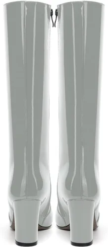 Vista 53 de AMBELIGHT Botas altas hasta la rodilla con cremallera y puntera puntiaguda para mujer, de patente sólida, tacón alto, 3.3 pulgadas