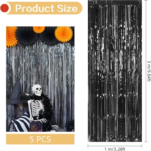 Vista 3 de Paquete de 5 cortinas de papel de aluminio negro de 3.2 x 9.8 pies, cortinas de oropel metálico con flecos, telón de fondo para cabina de fotos