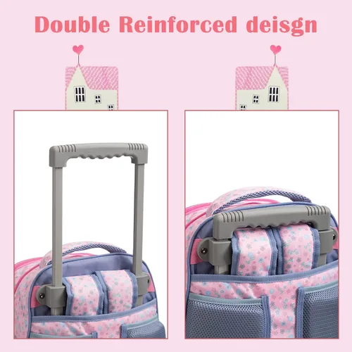 Vista 4 de SKYMOVE Mochila con ruedas de doble asa con múltiples compartimentos de 18 pulgadas para niñas, viaje de negocios, rosa (pink house), Moderno