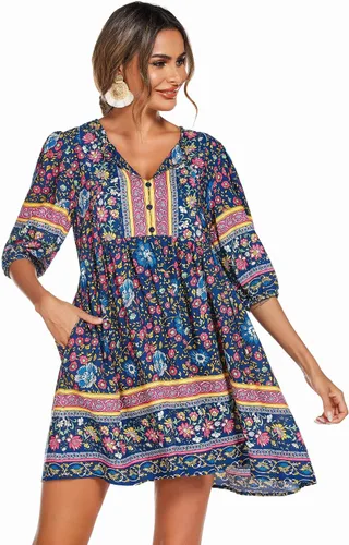 Vista 4 de Chigant Vestido de verano bohemio con cuello en V para mujer, casual, holgado, vintage, manga larga 34, vestidos de playa con bolsillos
