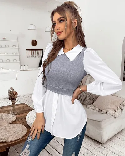 Vista 5 de YOXUA Camisa de manga larga con botones para mujer, cuello 2 en 1, estilo acanalado, péplum