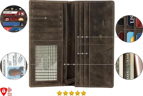 Vista 3 de Mou Meraki Cartera larga plegable de piel auténtica para hombre con bloqueo RFID