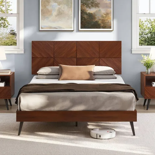 Vista 8 de Bme Georgina - Marco de cama tamaño Queen con cabecero y diseño geométrico artesanal distintivo, diseño con patente estadounidense pendiente, madera
