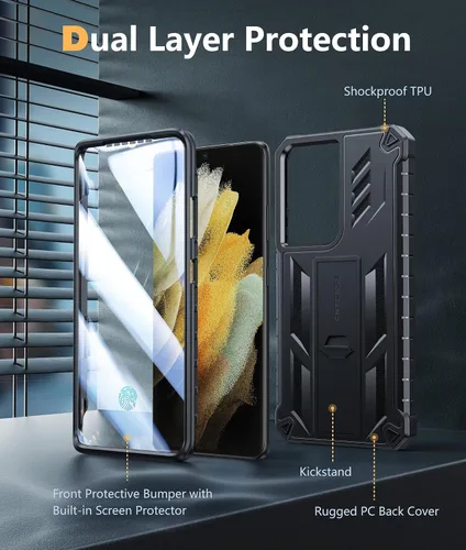 Vista 5 de FNTCASE Funda para Samsung Galaxy S21-Ultra: funda resistente de grado militar para teléfono celular con soporte Protección de TPU a prueba