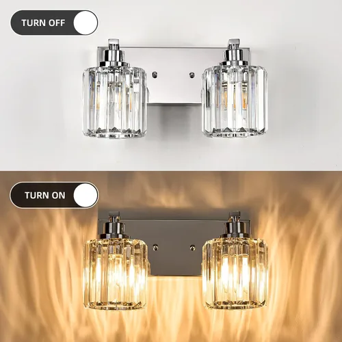 Vista 3 de 2 luces de cristal para tocador de baño, moderna cromada, accesorios de iluminación de baño sobre espejo para espejo base E26