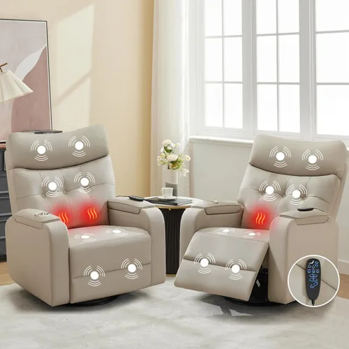 Vista 19 de Rocker - Silla reclinable para cuarto de bebé, mecedora giratoria con calor y masaje, para sala de estar, color gris claro Cuero Gris Claro