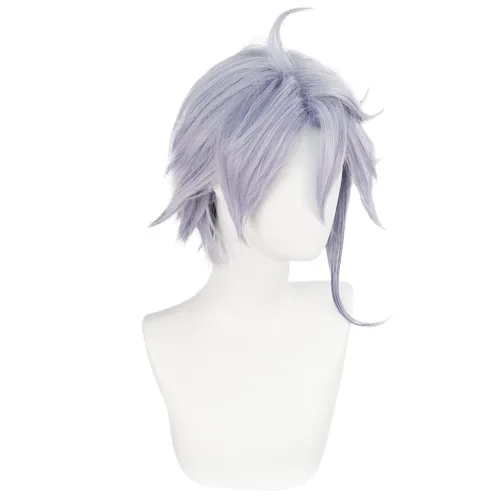 Vista 4 de JoneTing Azul Ashengrotto Peluca + Gorro para el cabello Peluca gris púrpura Anime Cosplay peluca sintética corta púrpura claro ondulado pelucas
