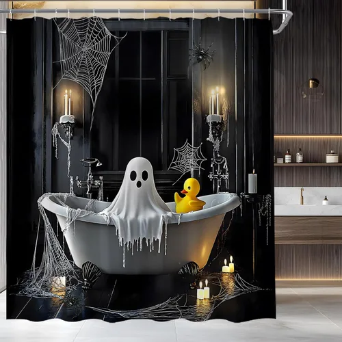 Vista 3 de Cortina de ducha de fantasma de Halloween, bañera de terror espeluznante, ventana gótica, telaraña, noche aterradora, decoración de baño, cortina