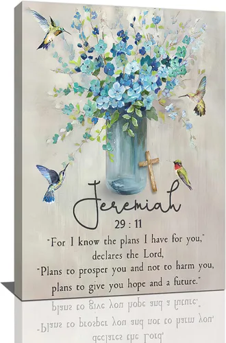 Vista 29 de Arte de pared de colibrí cristiano con texto en inglés "God says you ers", impresiones en lienzo, pintura rústica de pájaros de campo, obras de arte