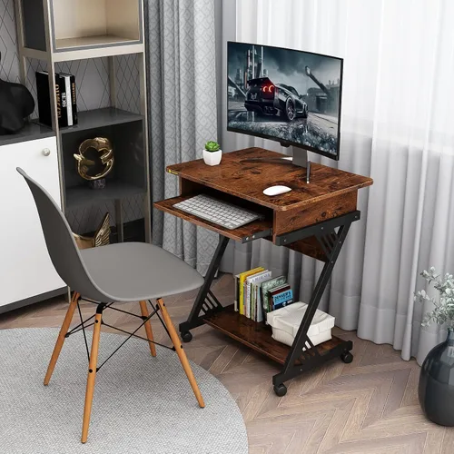 Vista 4 de ALISENED Escritorio para computadora para espacios pequeños, mesa de estudio compacta en forma de Z de 23.6 pulgadas con bandeja de teclado suave