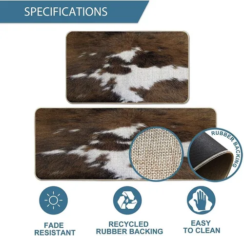 Vista 2 de TOMWISH Alfombra con estampado de vaca, tapete de cocina de piel de vacuno para piso, 2 piezas, diseño de vaca occidental, antideslizante