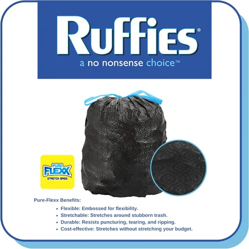 Vista 5 de Ruffies Bolsas de basura grandes – 30 galones, 15 unidades, cordón – negro, bolsas elásticas Pure Flexx