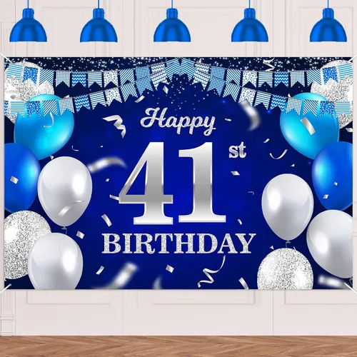 Vista 92 de Bandera de feliz primer cumpleaños con fondo azul marino, globos, confeti, bandera de rayas, luces de puntos, felicitaciones por el tema de 1 año
