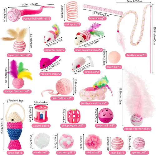 Vista 5 de MALLMALL6 Juego de juguetes interactivos para gatos, paquete de 27 piezas, paquete de 27 piezas, plumas rosadas, varita, resortes, ratones, sisal